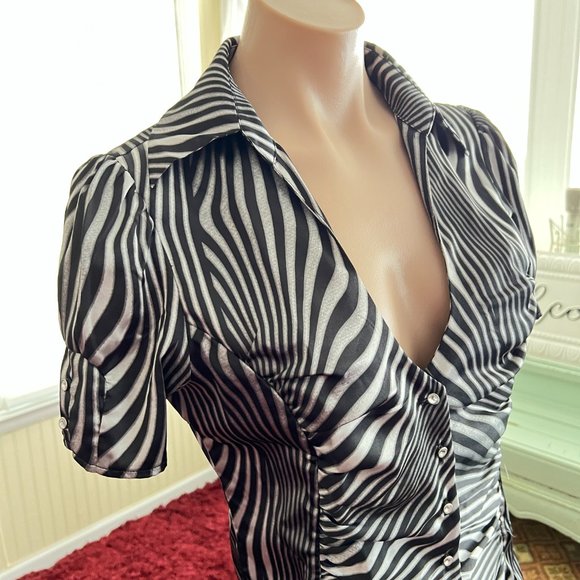 Guess Black and White Zebra Button Down Shirt with Rhinestone Buttons - Picture 2 of 7